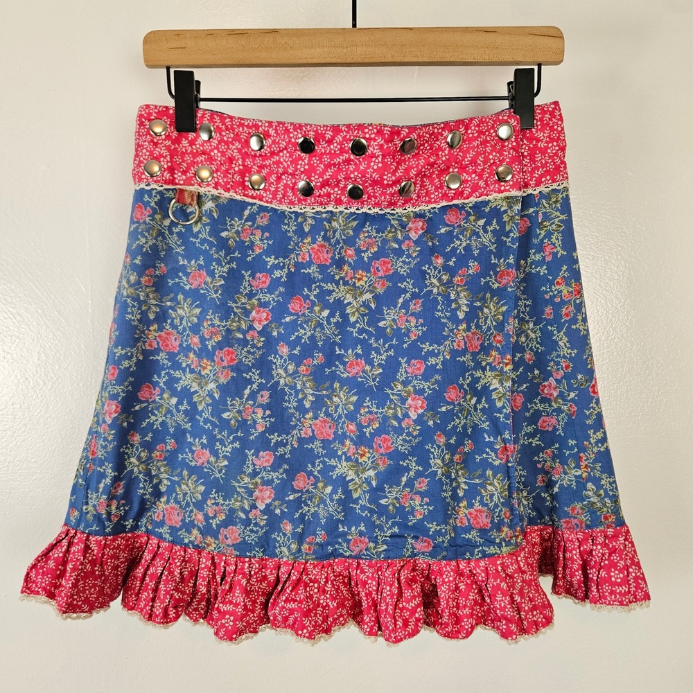 Moshiki & Nijens Reversible Snap Adjustable Mini Skirt OS Blue Pink Floral